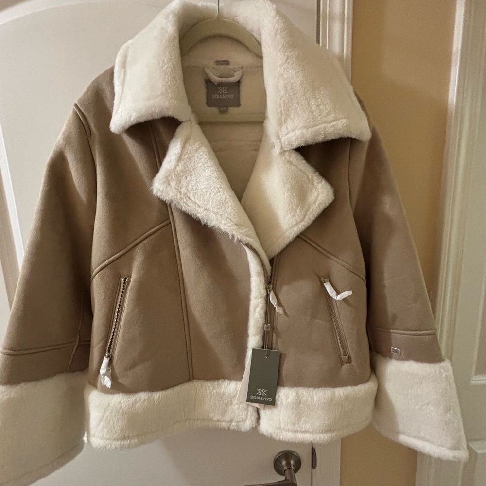 Soia & Kyo Tan and Cream Teddy Jacket with Plush Lining